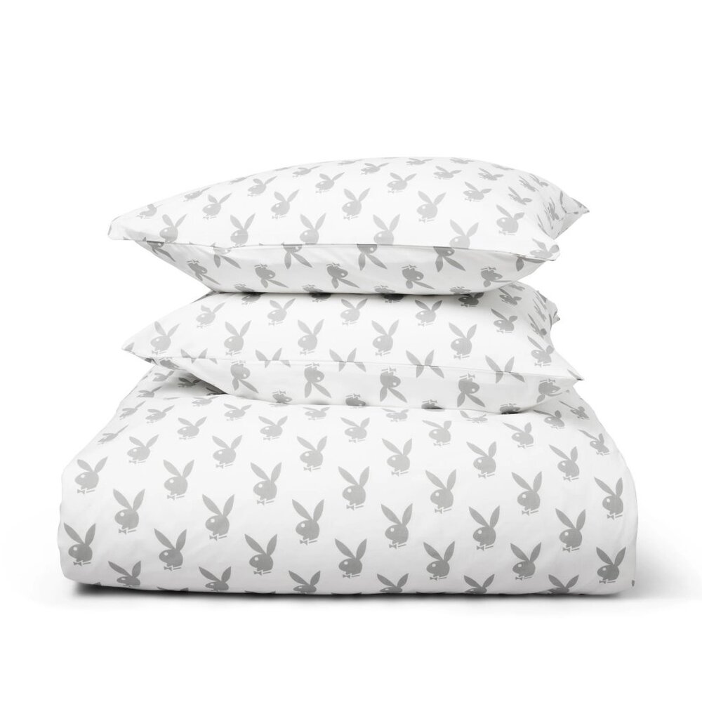 Playboy Gray Bunnies Duvet Set - King Size Bed Duvet with Iconic Rabbit Head Log